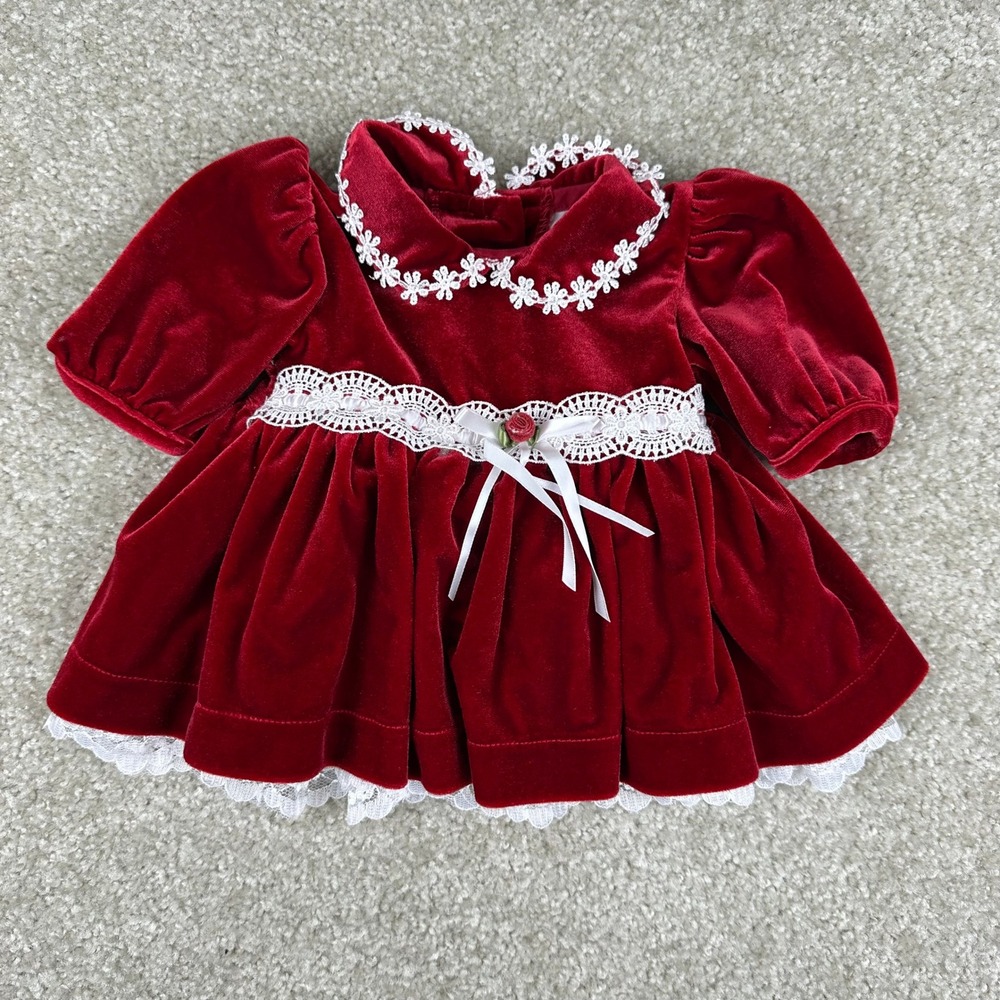 Rare Editions Baby Girl Preemie Red Velvet Lace Holiday Christmas Dress Vintage